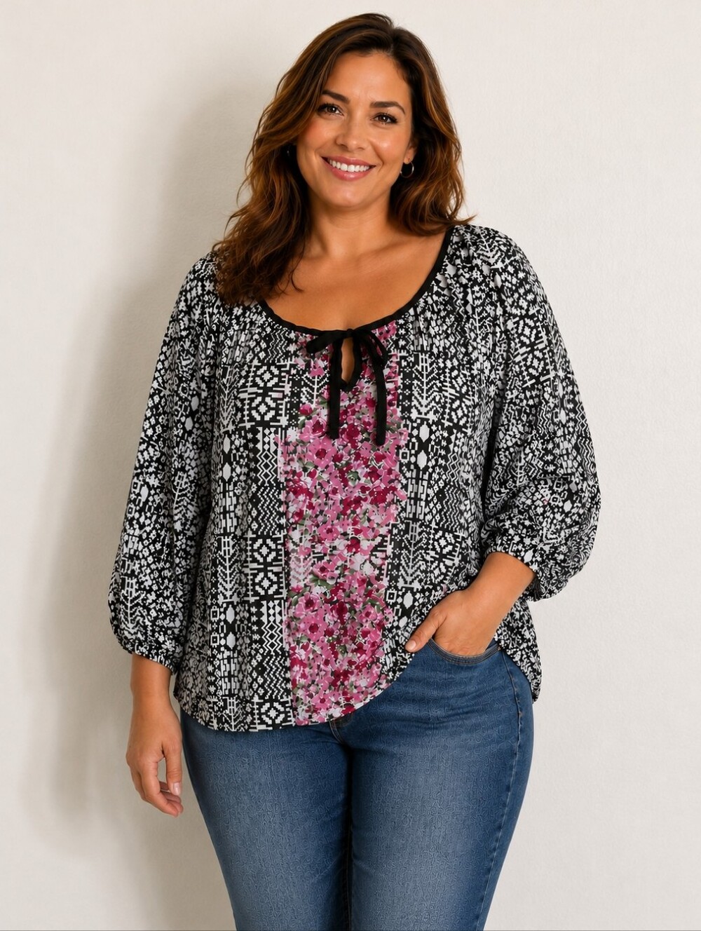 Spoiled Black & White Tie-Front Blouse with Pink & Red Down Center, Size 3X